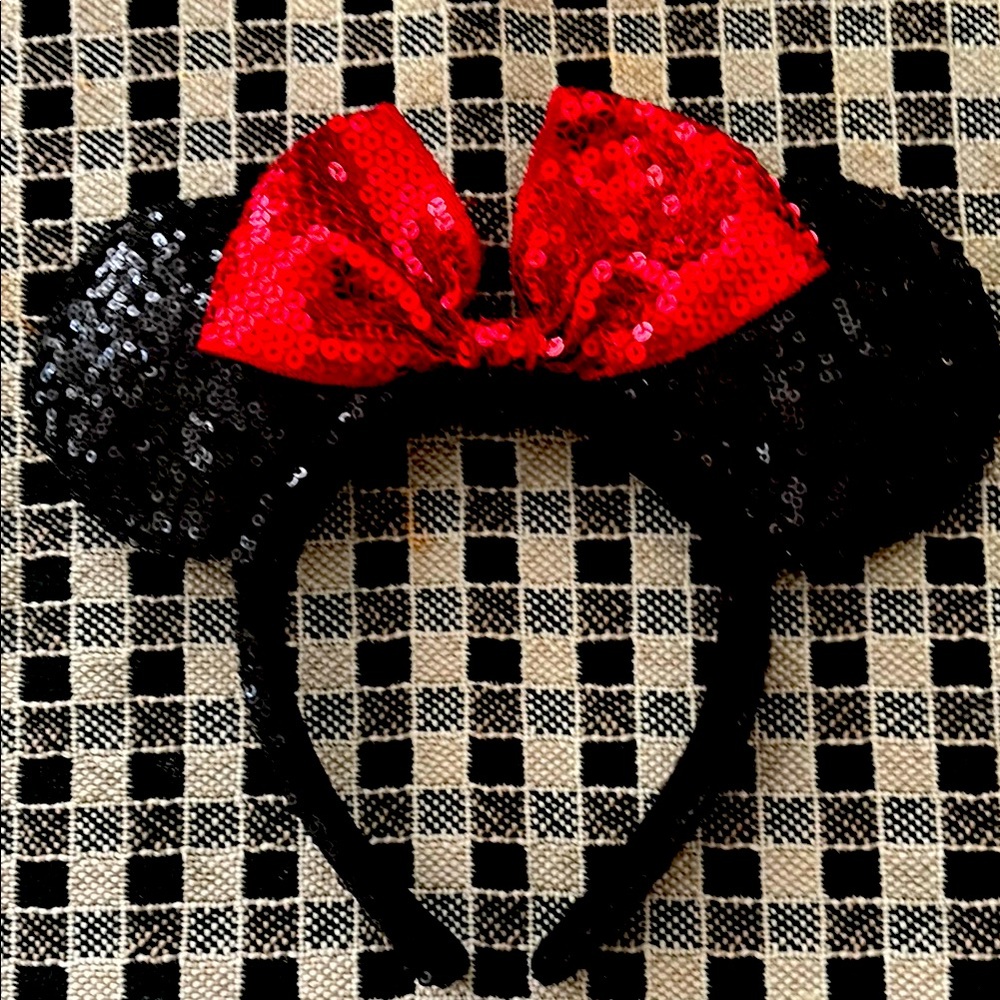 Sequin Mouse Ears Headband with Red Bow